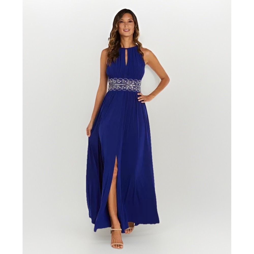 R&M Richards Womens Halter Beaded Waist Royal Blue Slit Evening Gown Petite 14